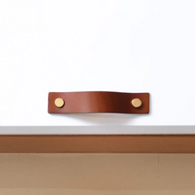 Load image into Gallery viewer, 3.78", 5", 6.3" Brown Leather Cabinet Handles | Gold, Silver, Bronze - Dresser Drawer Pulls, Kitchen Hardware (96, 128, 160mm)