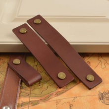 Load image into Gallery viewer, 3.78", 5", 6.3" Brown Leather Cabinet Handles | Gold, Silver, Bronze - Dresser Drawer Pulls, Kitchen Hardware (96, 128, 160mm)