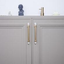 Load image into Gallery viewer, 3.78", 5" Light Pink & Nature Stone (Light Pink & White) Brass Kitchen Cabinet Pulls | Luxury Decor Dresser & Closet Handles, Drawer Knobs