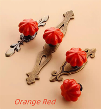 Load image into Gallery viewer, Ceramic Pumpkin & Antique Bronze Knobs, Pulls & Handles (Red, Black, White) | Vintage Dresser & Cabinet Hardware with Back Plate