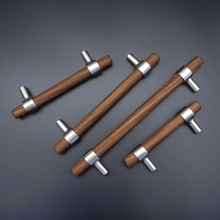 Load image into Gallery viewer, Custom Size Black Walnut Wood Cabinet Pulls | Nickel Dresser Handles, Minimalist Adjustable Wooden Drawer & Kitchen Handles, Knobs
