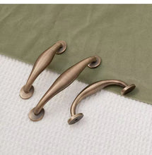 Load image into Gallery viewer, Vintage French Solid Brass Cabinet Pulls, Antique Bronze Small Handles for Wardrobe, Drawer, Shoe Cabinet & Walnut Bookcase