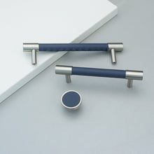 Load image into Gallery viewer, 3.78"-5" Dark Blue Leather & Brushed Nickel Pulls, Knobs & Handles | Drawer, Cabinet, Wardrobe & Dresser Hardware