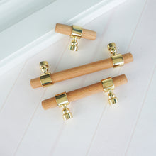 Load image into Gallery viewer, 2.5", 3", 3.78", 4", 5", 6.3", 8.8" & 10" Beech Wood & Gold Drawer Pulls | Cupboard Handles, Cabinet & Dresser Knobs, Closet Wardrobe Hardware