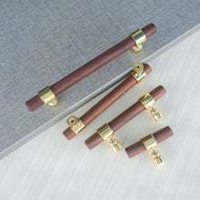Load image into Gallery viewer, 2.5", 3", 4", 5", 8.8", 10" & 12.6" Walnut Wood & Polished Gold Drawer Pulls | Cabinet, Cupboard Handles, Dresser & Closet Knobs