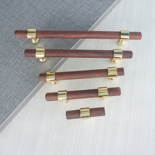 Load image into Gallery viewer, 2.5", 3", 4", 5", 8.8", 10" & 12.6" Walnut Wood & Polished Gold Drawer Pulls | Cabinet, Cupboard Handles, Dresser & Closet Knobs