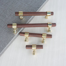 Load image into Gallery viewer, 2.5", 3", 4", 5", 8.8", 10" & 12.6" Walnut Wood & Polished Gold Drawer Pulls | Cabinet, Cupboard Handles, Dresser & Closet Knobs
