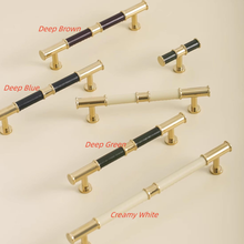 Load image into Gallery viewer, 5"-7.55" Deep Blue Green Leather, Brass & Cream Knobs, Pulls & Handles | Kitchen, Cabinet, Drawer, Cupboard, Wardrobe & Closet Hardware