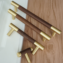 Load image into Gallery viewer, 3.75", 5", 6.3" (160mm) Walnut, Beech & Brass Wardrobe Handles | Modern Kitchen Cabinet Door Handles, Closet Drawer Pulls & Dresser Knobs