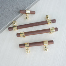 Load image into Gallery viewer, 2.5", 3", 4", 5", 8.8", 10" & 12.6" Walnut Wood & Polished Gold Drawer Pulls | Cabinet, Cupboard Handles, Dresser & Closet Knobs