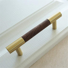 Load image into Gallery viewer, 3.75"-6.3" (160mm) Modern Walnut & Brass Pulls, Knobs & Handles | Wardrobe, Kitchen Cabinet, Closet & Dresser Hardware