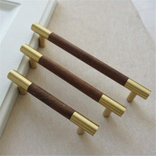 Load image into Gallery viewer, 3.75"-6.3" (160mm) Modern Walnut & Brass Pulls, Knobs & Handles | Wardrobe, Kitchen Cabinet, Closet & Dresser Hardware
