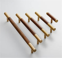 Load image into Gallery viewer, 3.75"-6.3" (160mm) Modern Walnut & Brass Pulls, Knobs & Handles | Wardrobe, Kitchen Cabinet, Closet & Dresser Hardware
