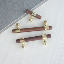Load image into Gallery viewer, 2.5", 3", 4", 5", 8.8", 10" & 12.6" Walnut Wood & Polished Gold Drawer Pulls | Cabinet, Cupboard Handles, Dresser & Closet Knobs