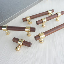 Load image into Gallery viewer, 2.5", 3", 4", 5", 8.8", 10" & 12.6" Walnut Wood & Polished Gold Drawer Pulls | Cabinet, Cupboard Handles, Dresser & Closet Knobs