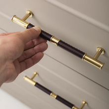 Load image into Gallery viewer, 5"-7.55" Deep Blue Green Leather, Brass & Cream Knobs, Pulls & Handles | Kitchen, Cabinet, Drawer, Cupboard, Wardrobe & Closet Hardware