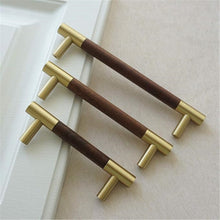 Load image into Gallery viewer, 3.75"-6.3" (160mm) Modern Walnut & Brass Pulls, Knobs & Handles | Wardrobe, Kitchen Cabinet, Closet & Dresser Hardware