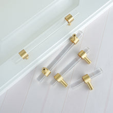 Load image into Gallery viewer, 2.5"-10" Acrylic & Brass Clear/Crystal Pulls, Knobs & Handles | Drawer, Dresser, Cabinet & Bathroom Hardware