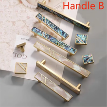 Load image into Gallery viewer, 3.78", 5", 6.3" Natural Shell Knobs | Vivid Brass, Green & White Drawer Pulls, Square Kitchen & Dresser Handles, Home Decor Hardware