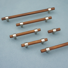 Load image into Gallery viewer, Custom Size Black Walnut Wood Cabinet Pulls | Nickel Dresser Handles, Minimalist Adjustable Wooden Drawer & Kitchen Handles, Knobs