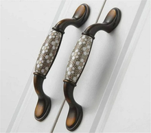Load image into Gallery viewer, 3.78", 5" (96, 128mm) Ceramic Drawer Pulls | Rural Chic Brown, White & Brass/Bronze Vintage Kitchen & Cabinet Handles, Dresser Knobs