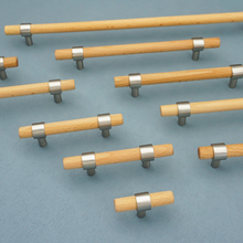 Load image into Gallery viewer, Beech Wood Cabinet Pulls & Knobs | Custom Size Brushed Nickel Drawer Pulls, Kitchen, Cupboard & Dresser Handles
