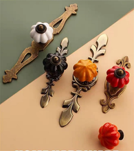 Load image into Gallery viewer, Ceramic Pumpkin & Antique Bronze Knobs, Pulls & Handles (Red, Black, White) | Vintage Dresser & Cabinet Hardware with Back Plate