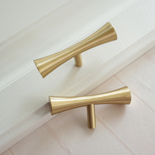 Load image into Gallery viewer, T Bar Brushed Gold Brass Knobs, Pulls & Handles | Drawer, Dresser, Wardrobe, Closet & Kitchen Door Hardware