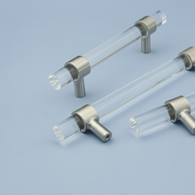 Load image into Gallery viewer, Customizable Clear Acrylic & Brushed Nickel Pulls | Drawer & Dresser Knobs, Cabinet Door & Bathroom Handles, Bar Pull Hardware