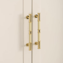 Load image into Gallery viewer, 5"-7.55" Deep Blue Green Leather, Brass & Cream Knobs, Pulls & Handles | Kitchen, Cabinet, Drawer, Cupboard, Wardrobe & Closet Hardware