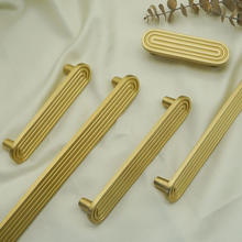 Load image into Gallery viewer, 2.5"-5" Unique Solid Brass Track Design Knobs, Pulls & Handles | Kitchen, Cabinet, Drawer, Cupboard & Dresser Hardware