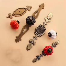 Load image into Gallery viewer, Ceramic Pumpkin & Antique Bronze Knobs, Pulls & Handles (Red, Black, White) | Vintage Dresser & Cabinet Hardware with Back Plate