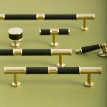 Load image into Gallery viewer, 5"-7.55" Deep Blue Green Leather, Brass & Cream Knobs, Pulls & Handles | Kitchen, Cabinet, Drawer, Cupboard, Wardrobe & Closet Hardware