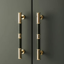 Load image into Gallery viewer, 5"-7.55" Deep Blue Green Leather, Brass & Cream Knobs, Pulls & Handles | Kitchen, Cabinet, Drawer, Cupboard, Wardrobe & Closet Hardware