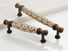 Load image into Gallery viewer, 3.78", 5" (96, 128mm) Ceramic Drawer Pulls | Rural Chic Brown, White & Brass/Bronze Vintage Kitchen & Cabinet Handles, Dresser Knobs