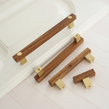 Load image into Gallery viewer, 3.75"-6.3" Wooden (Black Walnut) & Gold Brass Knobs, Pulls & Handles | Door, Kitchen Cabinet, Closet & Drawer Hardware