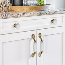 Load image into Gallery viewer, 2.5"-6.3" Shiny Gold & White Ceramic Knobs, Pulls & Handles | Dresser, Drawer, Kitchen Cabinet & Door Hardware