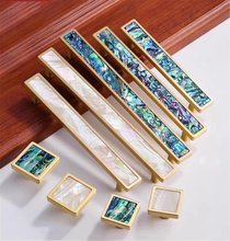 Load image into Gallery viewer, 3.78", 5", 6.3" Natural Shell Knobs | Vivid Brass, Green & White Drawer Pulls, Square Kitchen & Dresser Handles, Home Decor Hardware