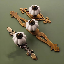 Load image into Gallery viewer, Ceramic Pumpkin & Antique Bronze Knobs, Pulls & Handles (Red, Black, White) | Vintage Dresser & Cabinet Hardware with Back Plate