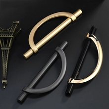Load image into Gallery viewer, Unique Semicircle Brushed Brass Drawer Pulls | Black Gold Cabinet & Wardrobe Handles, Dresser Knobs, Cupboard Hardware