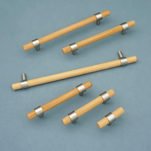 Load image into Gallery viewer, Beech Wood Cabinet Pulls & Knobs | Custom Size Brushed Nickel Drawer Pulls, Kitchen, Cupboard & Dresser Handles