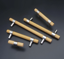 Load image into Gallery viewer, Beech Wood Cabinet Pulls & Knobs | Custom Size Brushed Nickel Drawer Pulls, Kitchen, Cupboard & Dresser Handles