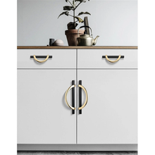 Load image into Gallery viewer, Unique Semicircle Brushed Brass Drawer Pulls | Black Gold Cabinet & Wardrobe Handles, Dresser Knobs, Cupboard Hardware