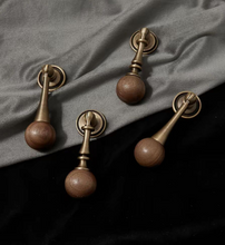 Load image into Gallery viewer, Mid-Century Brass Pendant Cabinet Pulls | French Retro Walnut Wardrobe Drawer Handles