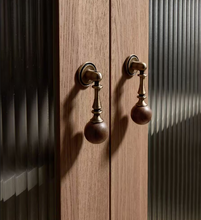 Load image into Gallery viewer, Mid-Century Brass Pendant Cabinet Pulls | French Retro Walnut Wardrobe Drawer Handles