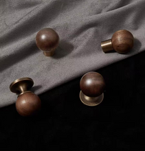 Load image into Gallery viewer, Retro Walnut Round Brass Knobs | Mid-Century French Single Hole Wardrobe Pulls