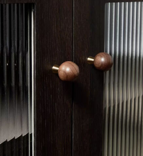 Load image into Gallery viewer, Walnut & Beech Round Knobs with Brass Base, Mid-Century Kids Room Cabinet Wardrobe Handles