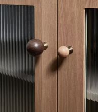 Load image into Gallery viewer, Walnut Beech Round Brass Knobs, French Mid-Century Kids Cabinet & Wardrobe Handles