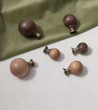 Load image into Gallery viewer, Walnut Beech Round Brass Knobs, French Mid-Century Kids Cabinet & Wardrobe Handles