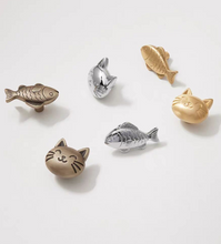 Load image into Gallery viewer, Gold & Silver Cat and Fish Brass Knobs, Lovely Cartoon Animal Small Handles for Children’s Wardrobes, Drawers and Cabinets